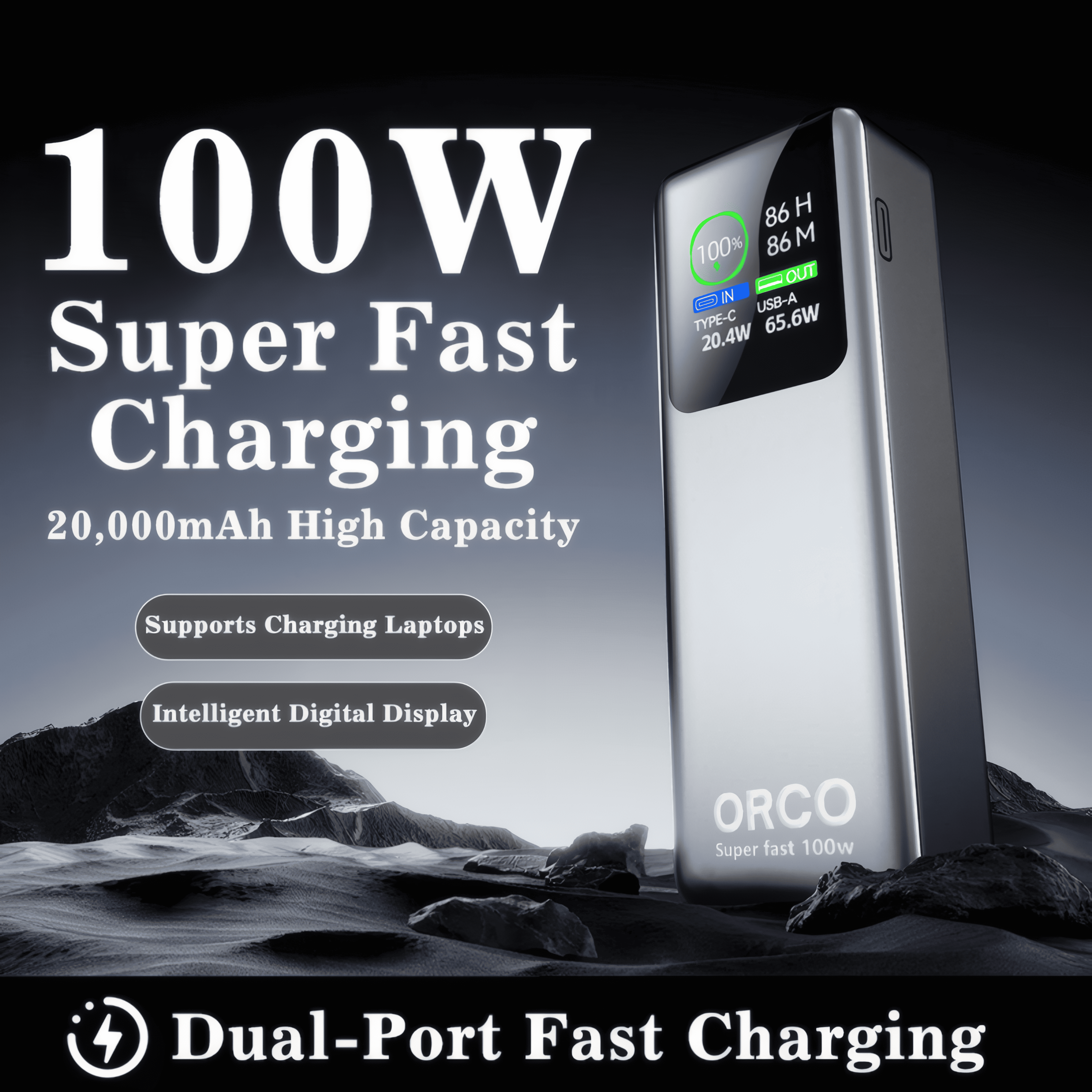 Orco 100W Power Bank 20000mAh Fast Charging USB C Laptop Portable Charger 65Wh Battery Pack For Macbook, IPhone,Android