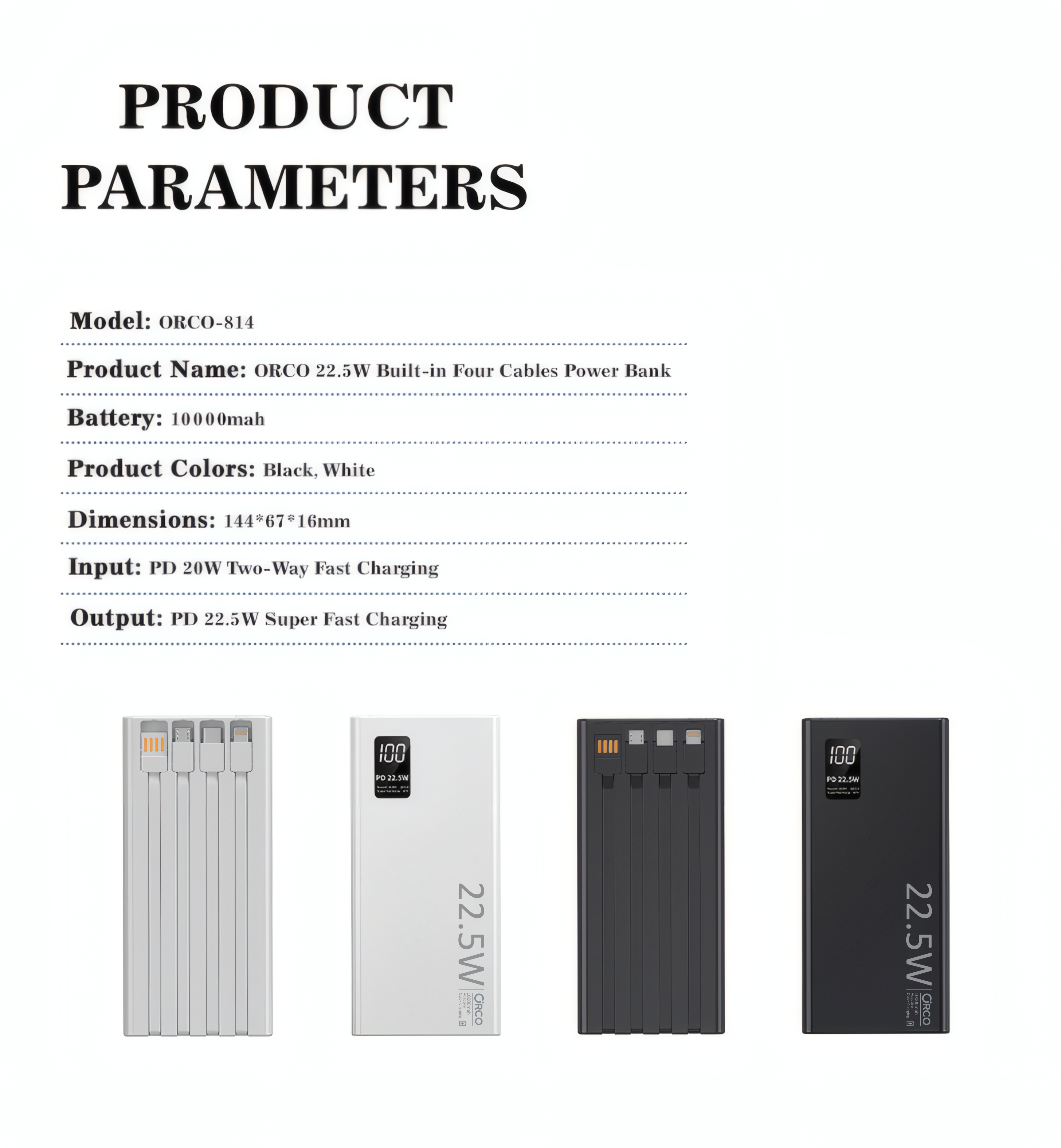 Orco 22.5W White Power Bank, 20000mAh Laptop Portable Charger, USB C, Smart Digital Display For Iphone 16, Macbook, Androids