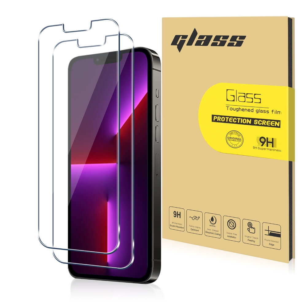 Phone screen protector with packaging displaying brand name and product details.